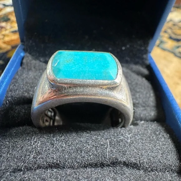 925 Sterling Silver Ring Turquoise Rectangle Signet Size 5.5 Chunky Brutalist